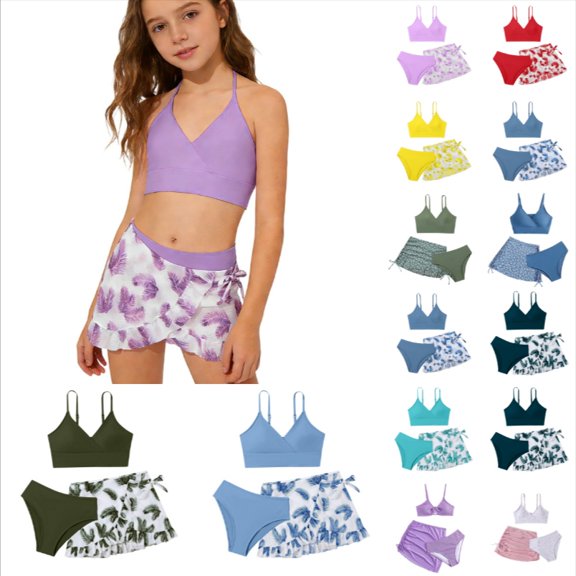Krdevn Girls 3 Piece Swimsuit Solid Color Textured Fabric Bikini Set with Mesh Cover Up Skirt UPF 50 Bathing Suit for Kids Size:7-8 Years