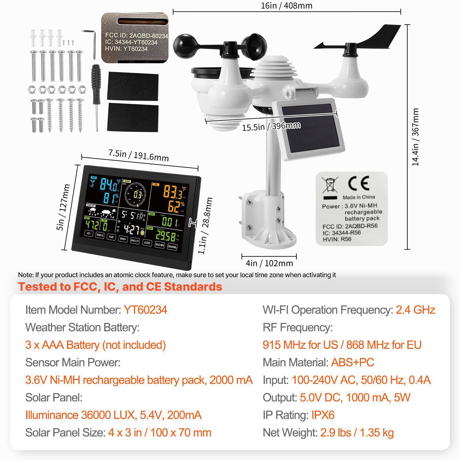 7-in-1 Wi-Fi Weather Station with 7.5 Inch Color Display Solar Wireless Outdoor Sensor for Temperature Humidity Wind Speed Direction Rain Alarm Alerts