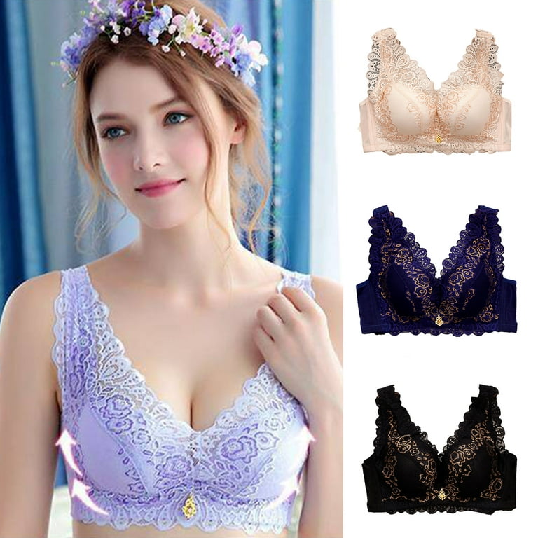 rygai Women Bra Thin Large Size Vest Type Comfortable Adjustable Support  Breast Polyester Embroidery Lace Underwear Bra Intimate Clothing,Blue,36