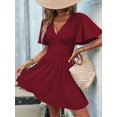 thumbnail image 4 of Women'S Ruched V Neck High Waist Casual Short Sleeve A-Line Dress Wine Red XL, 4 of 9
