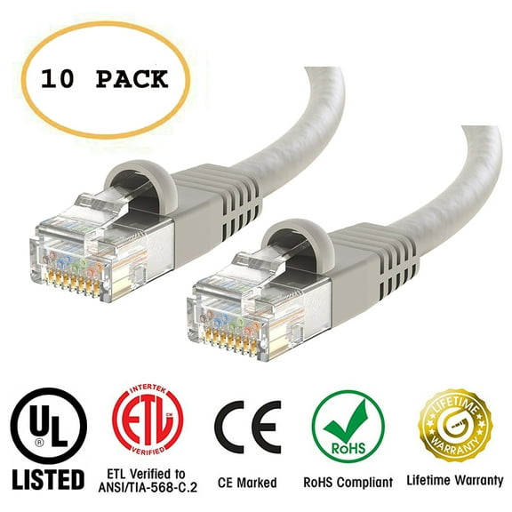 Huetron? 10-Pack Cat 6 Ethernet Cable Cat6 Snagless Patch 2 Feet - Computer LAN Network Cord, GRAY