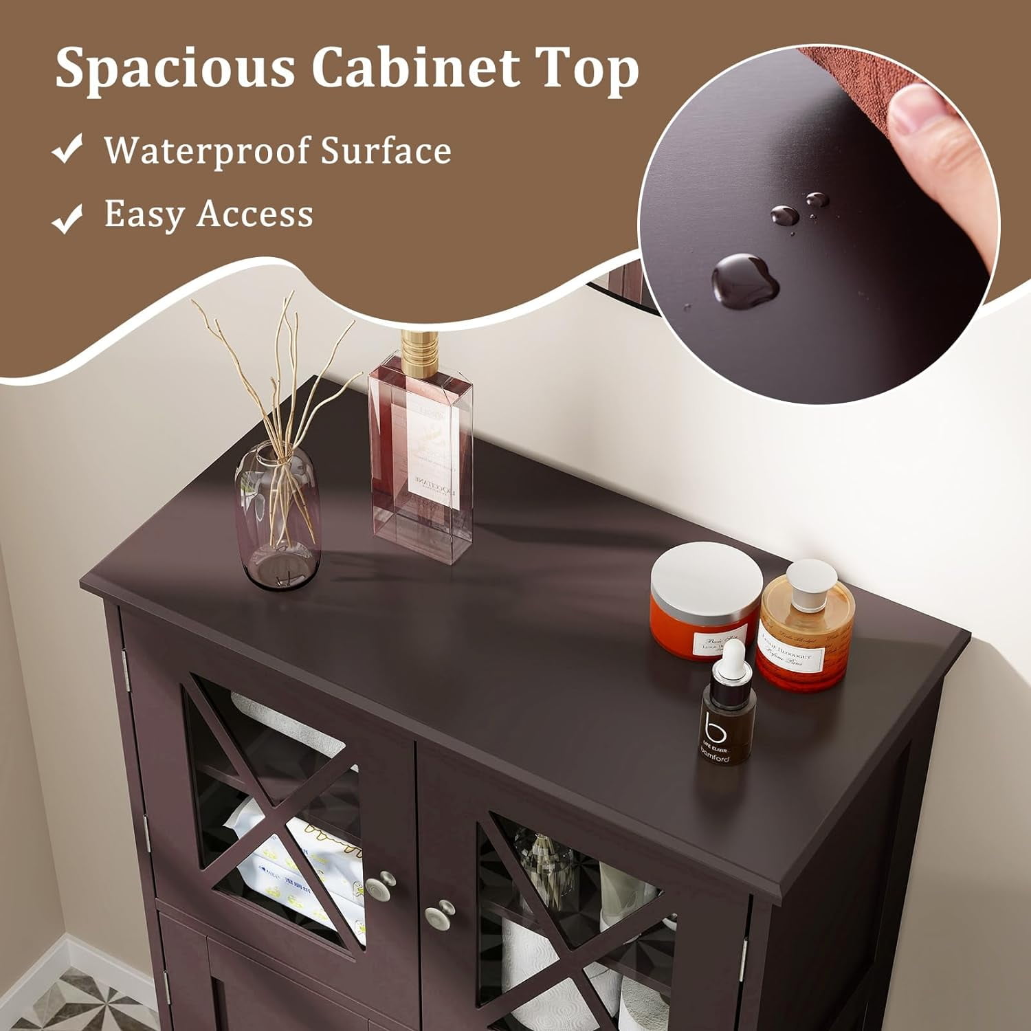 Bathroom Floor Storage Cabinet - Linen Floor Cabinet with Doors and Adjustable Shelves, Freestanding Side Storage Organizer for Bathroom, Living Room, Entryway, Kitchen Storage Unit (Brown)