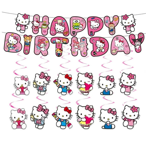 Cartoon Birthday Banner and Hanging Swirls - Hello Kitty cat Happy Birthday Banner with Cartoon Swirls, Cute Decorations for Boys and Girls, Party Hanging Decorations