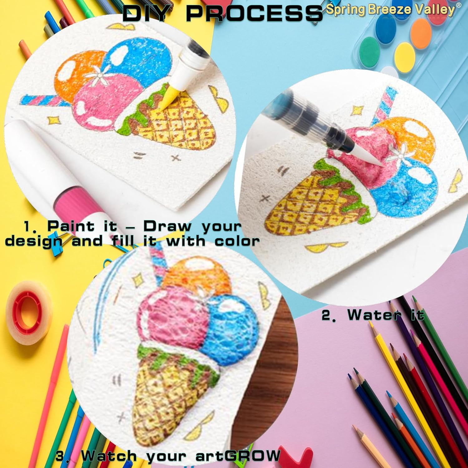 JJEAN-Puffy Paint, Aqua Puffs, Magic Foam Texture Painting Kit, Including 15 Pcs Foam Texture Paper, 12 Colors Brush Tip Acrylic Paint Markers