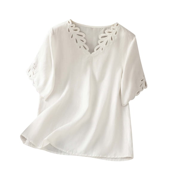 Linen Blend Top for Women, Short Sleeve V-Neck Shirt with Embroidery and Cutout Details in Solid Colors for Casual Wear