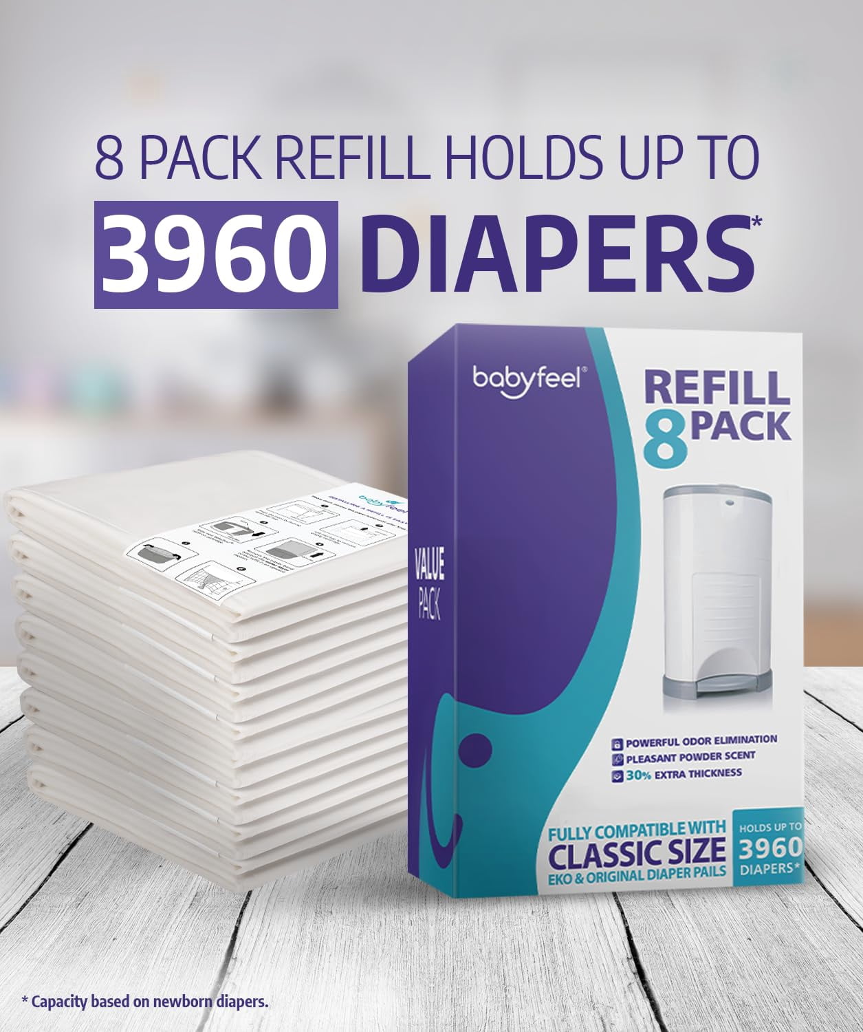 Dekor Classic Diaper Pail Refills | 8 Pack | Value Pack | Exclusive 30% Extra Thickness | Powder Scent | Fits Dekor Classic Size Diaper Pails | Powerful Odor Elimination | Holds up to 3960 Diapers