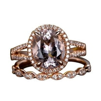 11x9mm Oval Cut 5.75 Carat Morganite 10k Rose Gold Wedding Set Diamond Moissanite Bridal Ring Split Shank Art Deco Stacking Matching Band