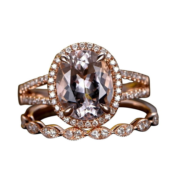 11x9mm Oval Cut 5.75 Carat Morganite 10k Rose Gold Wedding Set Diamond Moissanite Bridal Ring Split Shank Art Deco Stacking Matching Band