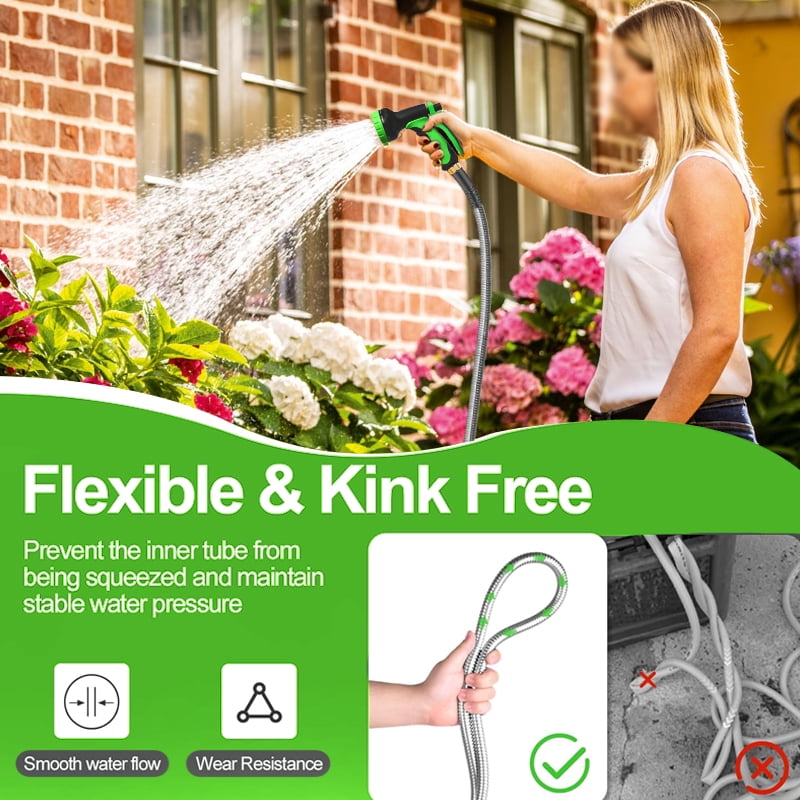 Garden Hose 50ft, Heavy Duty Stainless Steel Water Hose with 10 Functional Nozzles, No Kink, Lightweight and Flexible, Easy to Use and Store, Strong and Sturdy, Suitable for Yard and Lawn