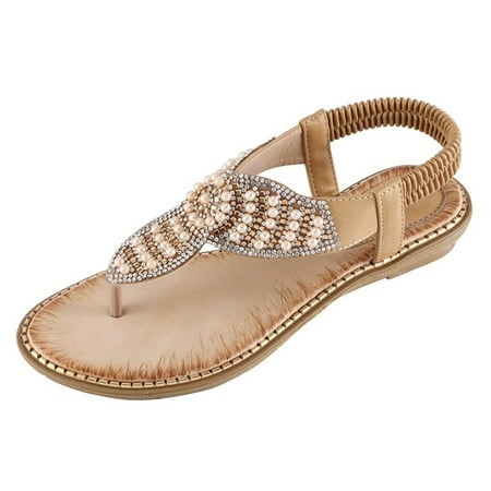 CHOII Clearance Ladies Fashion Flat Large Size Casual Sandals Beach Shoes Women Sandals Crystal Flip Flops for Women Pearl Flowers Thong Sandals Ankle Strap Sandals Khaki/7.5