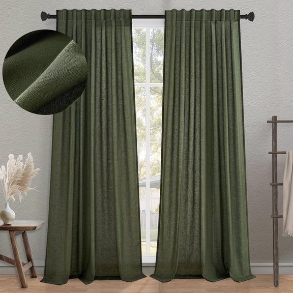 Jainmy Classic Flax Linen Blend Semi Sheer Curtains, Back Tab Drapes for Living Room Bedroom Dining Farmhouse, 52"x96", 2 Panels, Olive Green