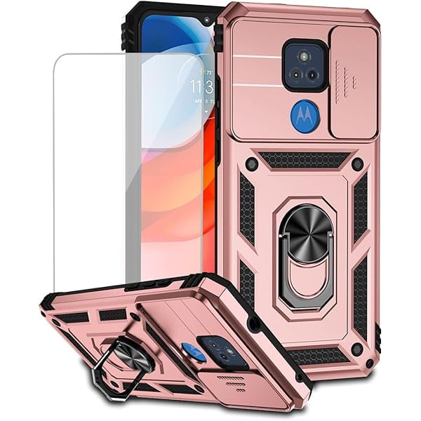wonima11 for Moto G Play 2021, for Motorola GPlay XT2093 Case with Tempered Glass Screen Protector and Slide Camera Cover, Magnetic Ring Car Mount Holder Cover for Motorola Moto G Play 2021 Rose Gold