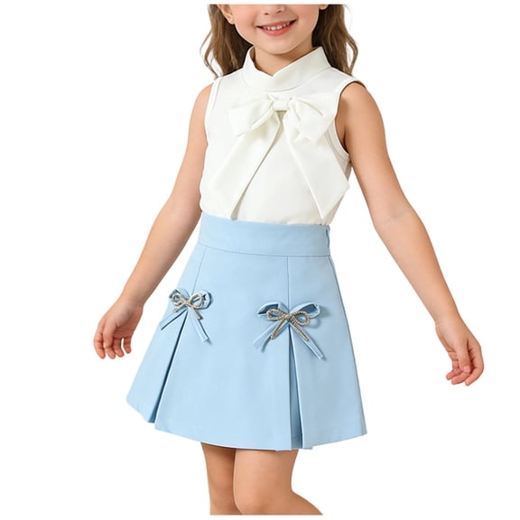 Kids Girls 2 Piece Outfit Set Sleeveless Bow Top Pleated Skirt Blue Casual Spring Summer Party Clothes 4T,Size 3-4 T