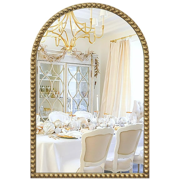 Gold Bathroom Mirror for Wall, 30" X 40" Arch Wall Mirror with Beaded Frame, Ornate Vintage Mirror Wall Decor for Living Room, Washroom, Fireplace, Entryway