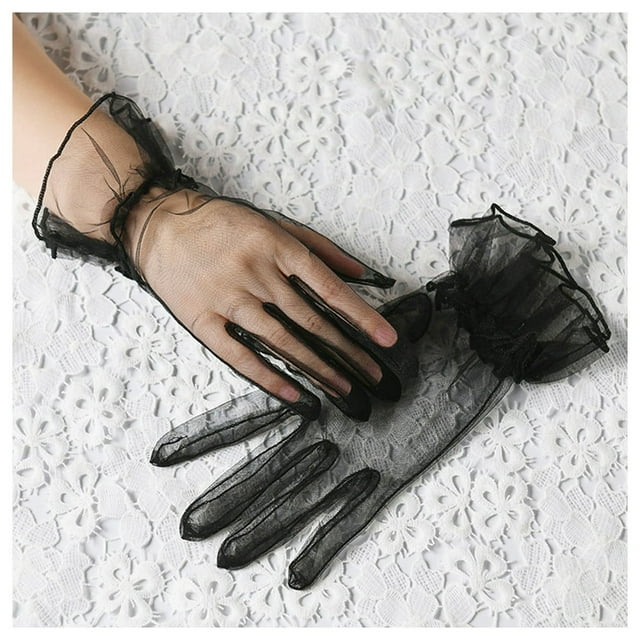 Women Wedding Gloves See-through Ultrathin Shirring Ruffle Lace Full Fingers Prom Ball Cocktail Stage Performance Bride Gloves