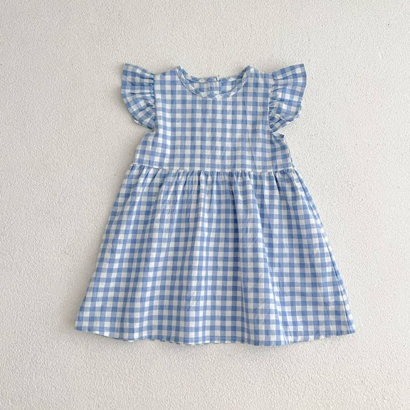 Girls Checkered Puff Sleeve Dress Summer Spring Party Holiday Casual Children Clothing Flared Adorable Size 3-4 Years