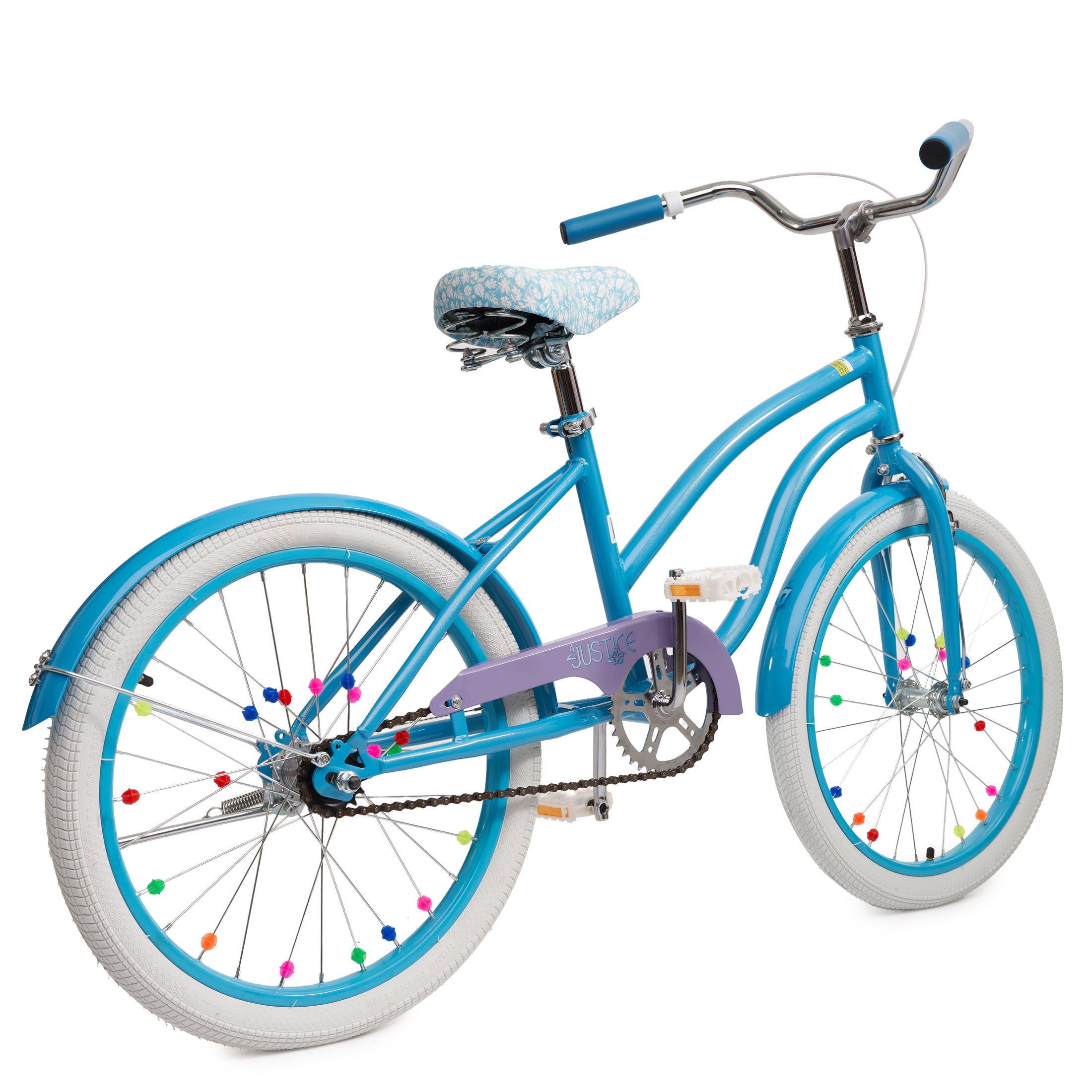 Justice Coastline Classics 20” Blue Glitter Cruiser Kids’ Bike with Spoke Charms & Bike Pouch