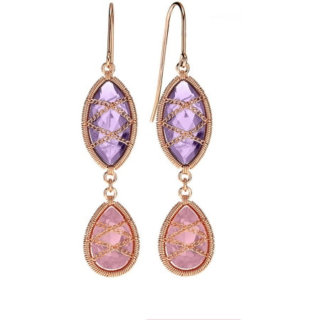 5th & Main Rose Gold over Sterling Silver Hand-Wrapped Double Drop Amethyst and Rose Quartz Stone Earrings