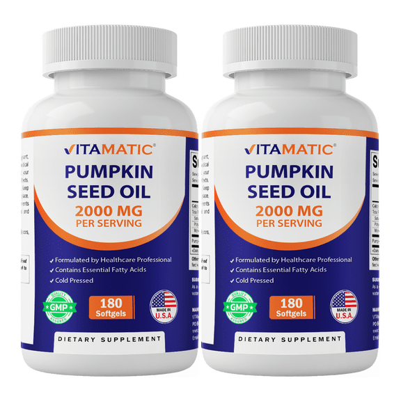 2 Pack - Vitamatic Pumpkin Seed Oil 2000mg Softgel Capsules per serving - 180 Softgels - (1000 mg per Softgels) (Total 360 softgels)