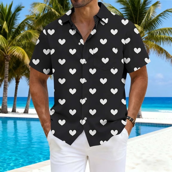 Yaoyar Men Valentine's Day Mid-Length Shirt Top Button Lapel Shirt Heart Graphic Printed T-Shirt Festive Party Dress Shirt for Men's Dating Clothes