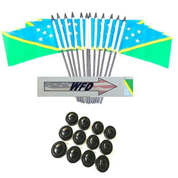 Pack of 12 4"x6" Solomon Islands Polyester Miniature Office Desk & Little Table Flags, 1 Dozen 4"x 6" Solomon Islands Small Mini Handheld Waving Stick Flags with 12 Flag Bases (Flags with Stands)