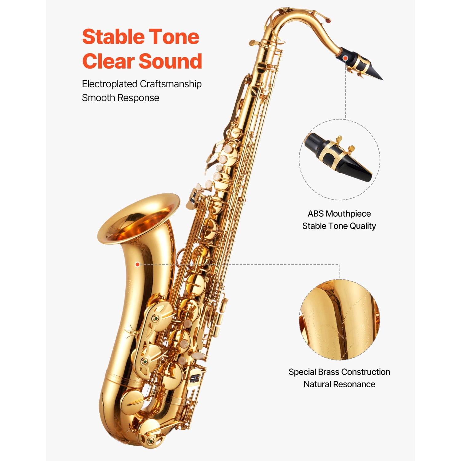 KFFKFF B Flat Tenor Saxophone, Brass Instrument Starter Set with Case, Mouthpiece, Straps, Cleaning Cloth, Gloves, Neck Strap, 23 Keys, Ideal for New Players, Gold