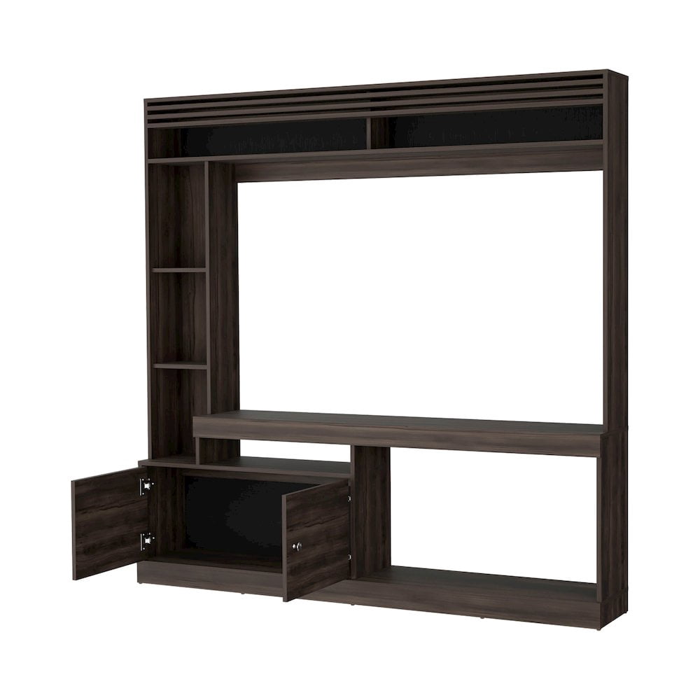 Fm Furniture Rock House Entertainment Center with Two Doors and Open Storage, Stained Walnut