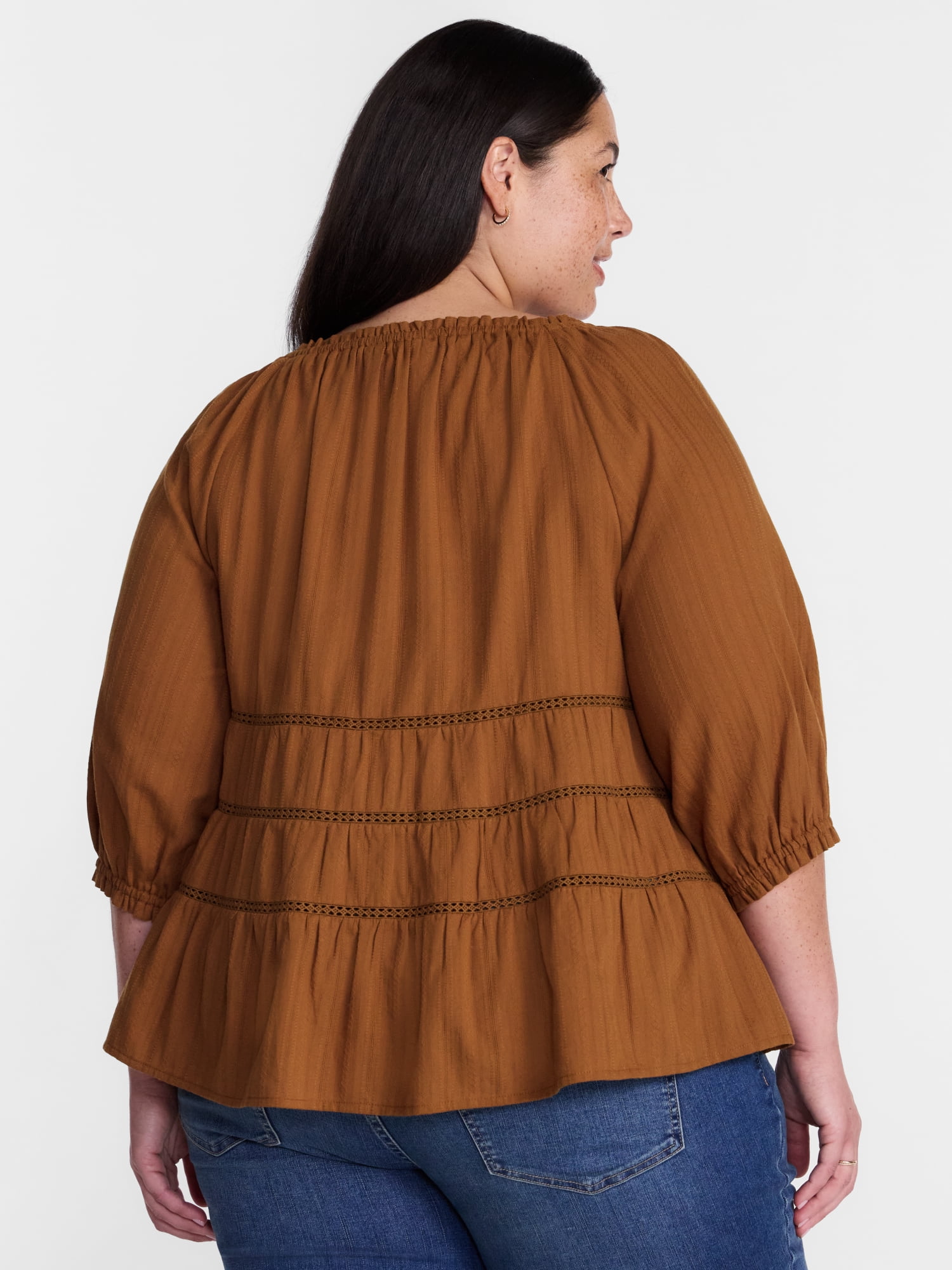 Terra & Sky Women's Plus Eyelet Trim Swing Top with Elbow Length Sleeves, Sizes 0X-5X