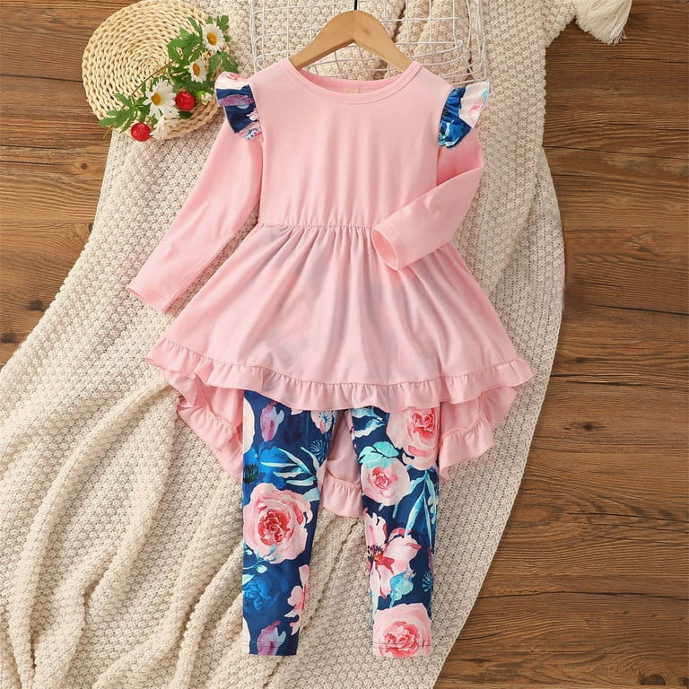 Clothes for Girls Size 14-16 Toddler Kids Baby Flower Pants Set Long Sleeve  Ruffle T Shirt Dress Floral Pants Leggings Girl's Outfit Set 2Pcs Girl  Leggings with Shirts 
