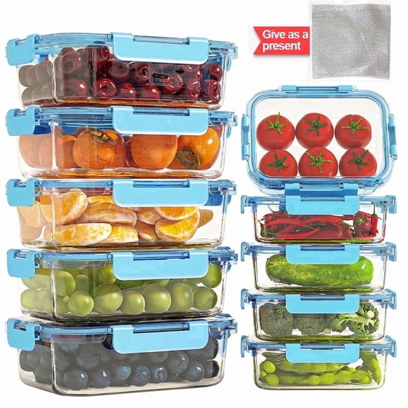 21Pcs Glass Food Storage Containers with Lids, Glass Airtight Meal Prep Container Set for Lunch, Kitchen Pantry Organizers and Storage, Leak Proof