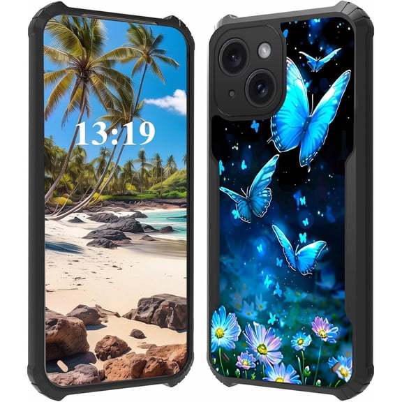 for iPhone 15 Plus Case,for Women Men Slim Four Corners Shookproof Soft Silicone Black TPU Protective Cover Phone Case for iPhone 15 Plus 2023 6.7",Blue Butterfly
