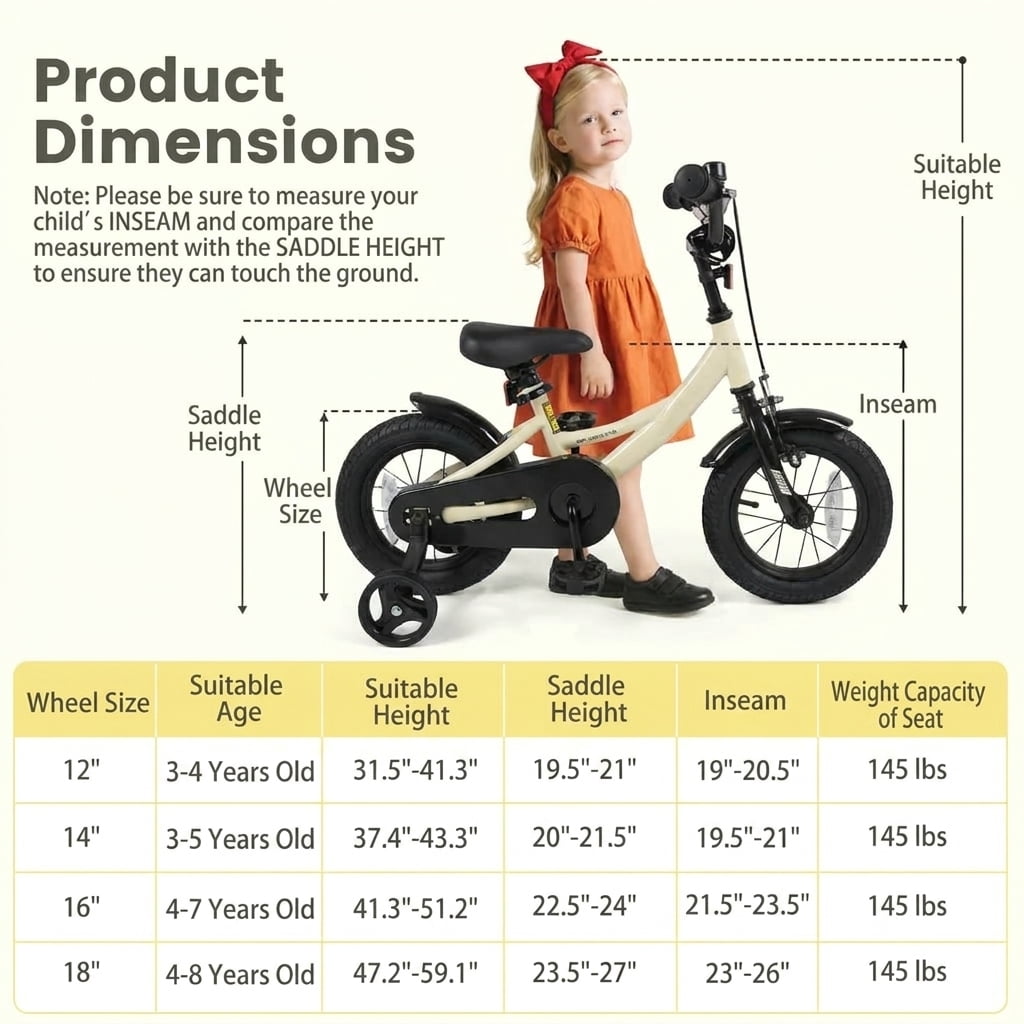 Redsmile Kids Bike 12 Inch with Removable Training Wheels for Boys Girls Ages 3-4, Sport Bicycle with Adjustable Seat, Rubber Wheels, 145 lb Capacity, Coaster Brake Toddler Bicycle, Beige