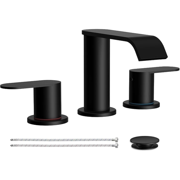Matte Black Waterfall Bathroom Faucet for Sink 3 Hole 8 Inch Widespread Bathroom Sink Faucets with Pop-up Drain Supply Lines Stainless Steel 2-Handle Bathroom Sink Faucet for Bath Vanity
