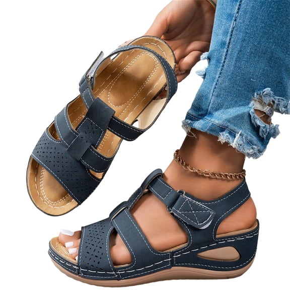 IEMIEMIEM Women's Wedge Orthopedic Sandals Comfortable Open Toe Summer Sandals Comfortable Hollow Out Sandal with Arch Support Blue 6.5 Wide