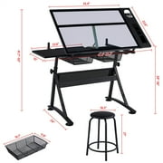 Alden Design Adjustable Glass Top Drafting Table with Stool, Black