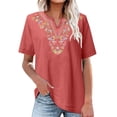 thumbnail image 2 of Shirts for Women Short Sleeved Summer Cotton and Linen Embroidered V Neck Artistic Loose Pullover T Shirt Breathable for Indoor Outdoor 2Xl Size Spring Summer Womens Tops, 2 of 4