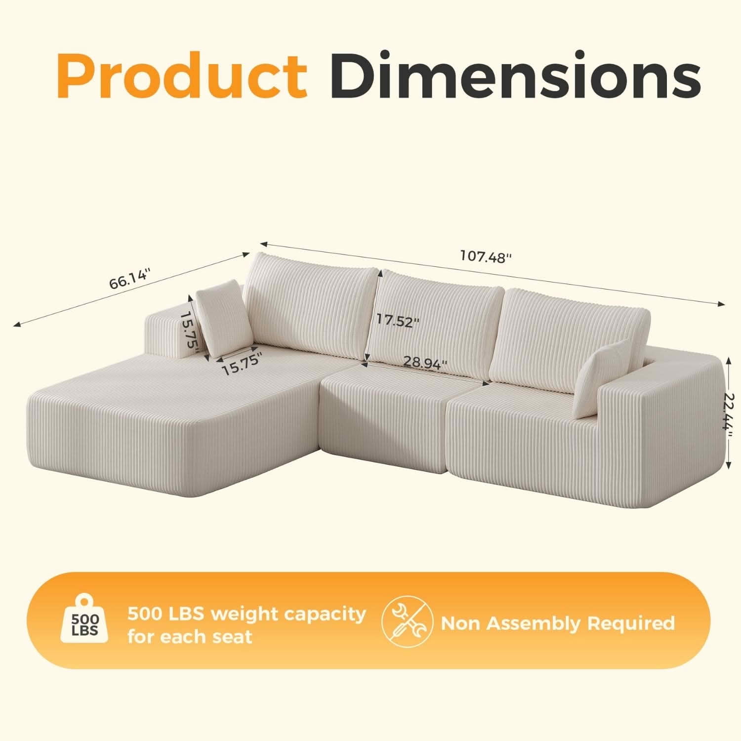 MAYEERTY 105IN Convertible Fluffy Sofa, 4‑Seat Memory Foam Modular Sectional Couch, Versatile Upholstered Free‑Combination Sofa for Living Room Bedroom Home Office Studio Apartment