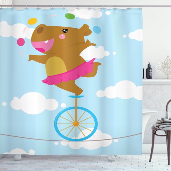 Circus Shower Curtain, Happy Balerina Hippo Juggling on Tightrope with Wheel Stunt Performance Cartoon, Fabric Bathroom Set with Hooks, 69W X 75L Inches Long, Multicolor, by Ambesonne