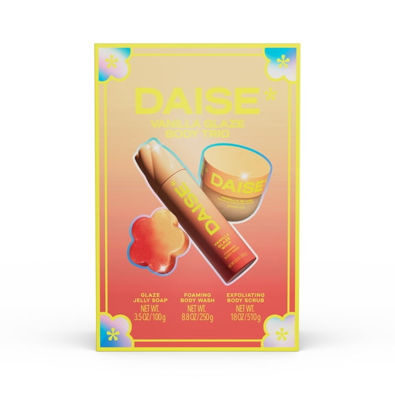 DAISE Vanilla Glaze Body Trio - Jelly Soap in Glaze Daze, Foaming Body Wash in Vanilla Glaze, Exfoliating Body Scrub in Vanilla Glaze