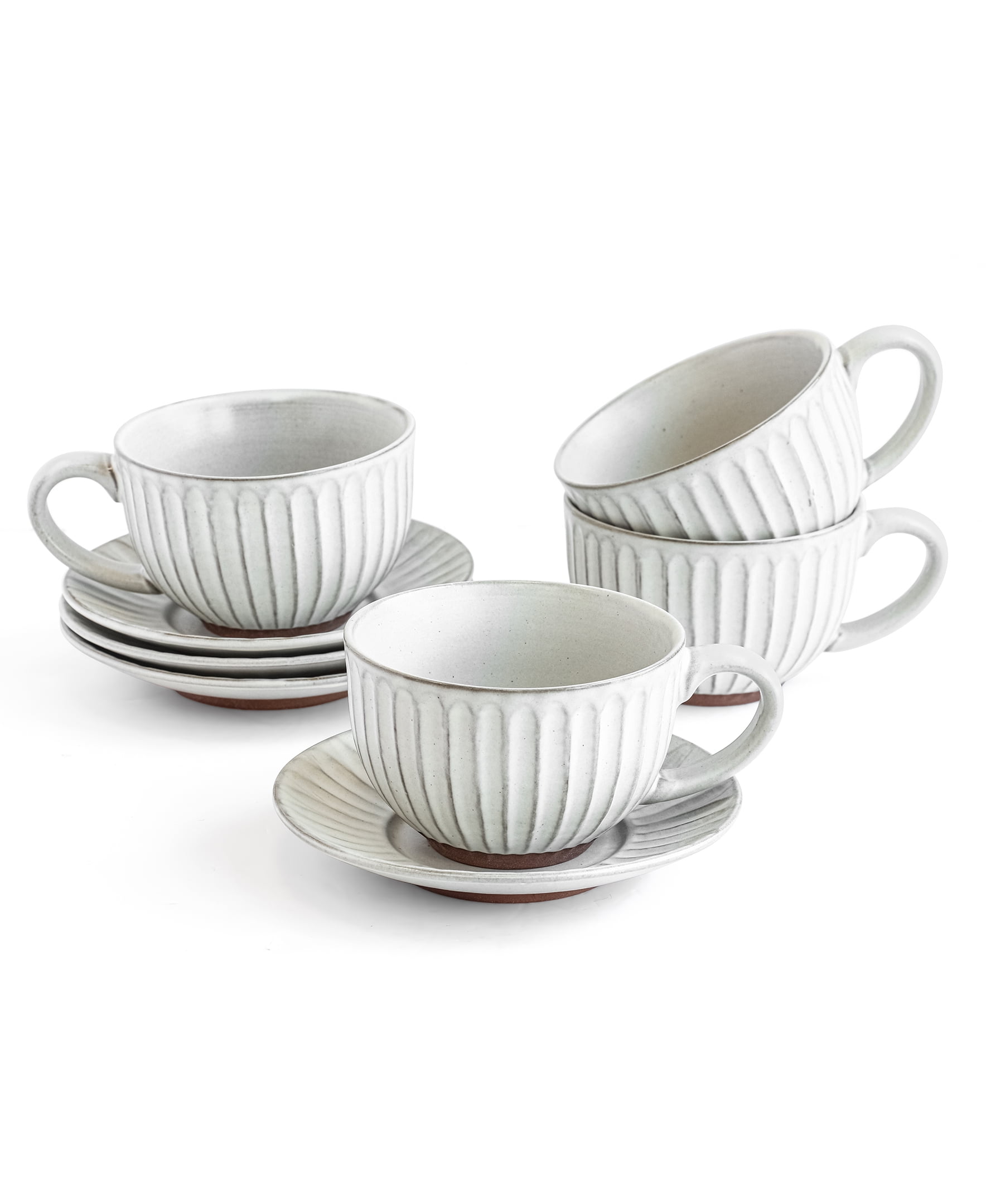 Over and Back Set of 4 White Stoneware Cups & Saucers