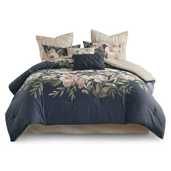 Pemberly Row 8-Piece Farmhouse Cotton Printed Comforter Set in Navy
