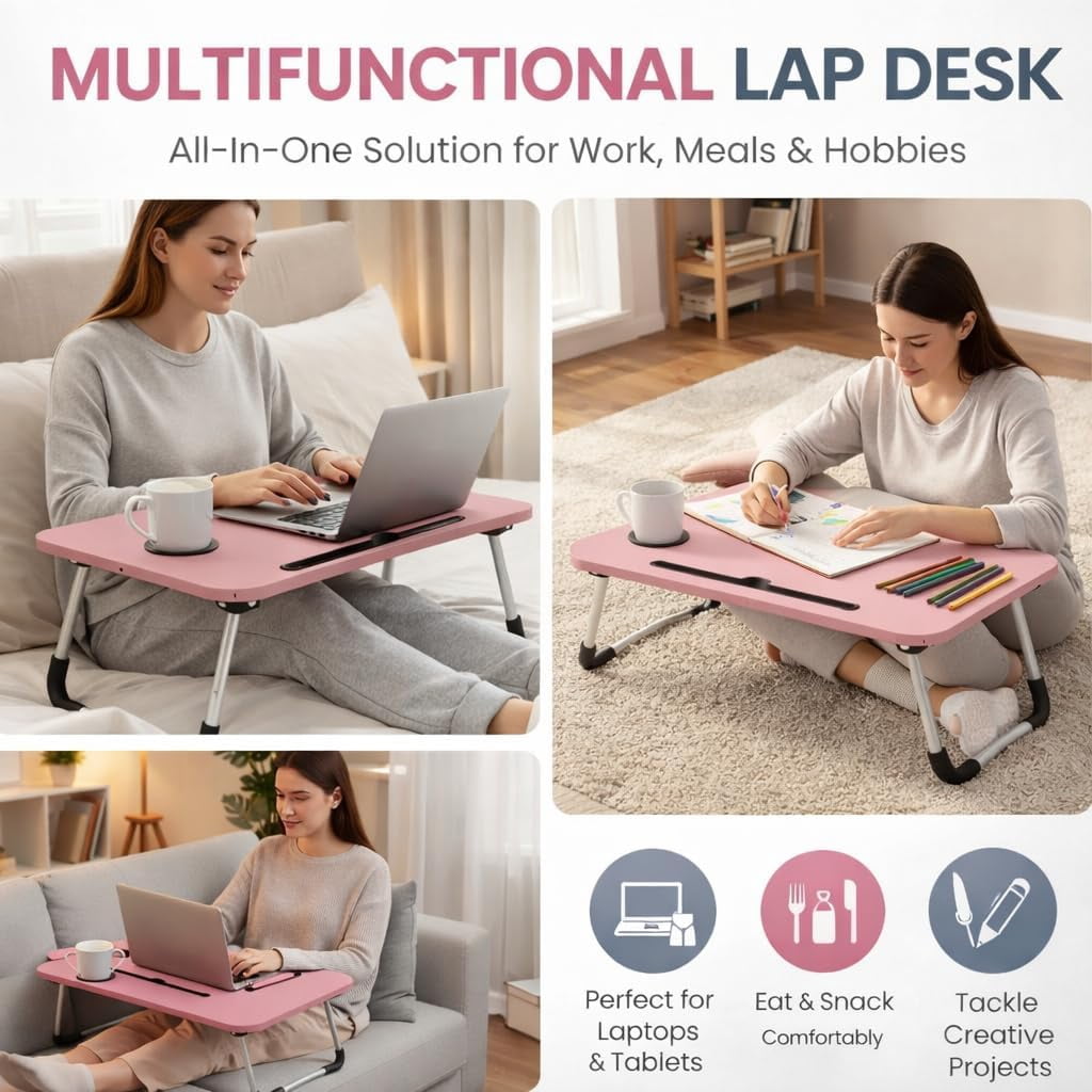 WSA Foldable Lap Desk with Drawer & Cup Holder, 23.6” Portable Laptop Bed Tray Table with Tablet Slot, Non-Slip Laptop Desk for Bed Couch Sofa, Working Writing Eating Breakfast (Pink)