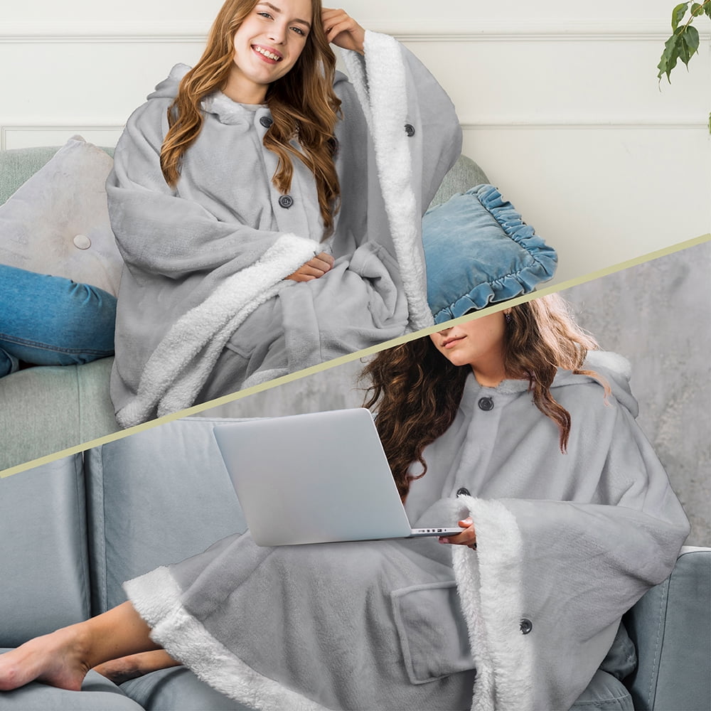 Hooded Blanket Poncho, Wearable Blanket Wrap with Hand Pockets
