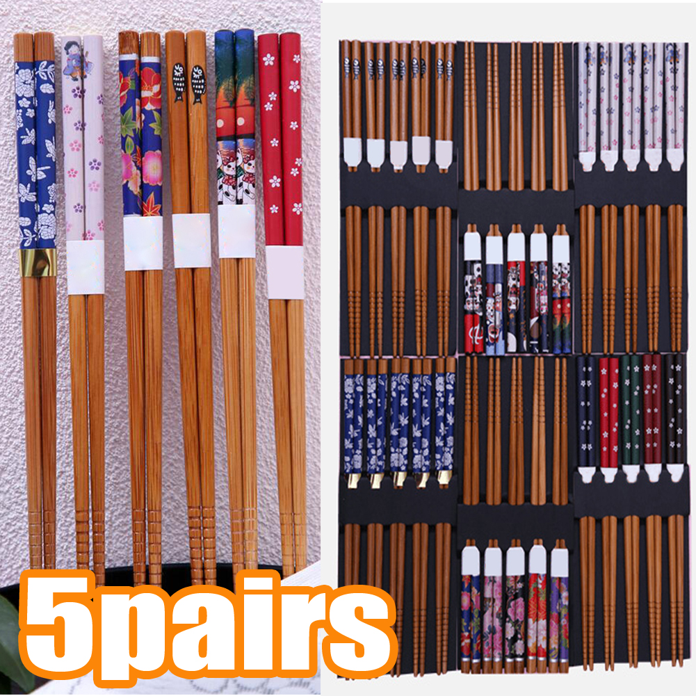 Cheers.US 5 Pairs Bamboo Chopsticks Reusable Japanese Chinese Korean Wood Chop Sticks Hair