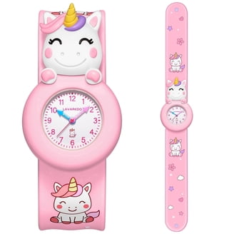 Adorable Unicorn Watch with Rainbow Hair & Red Heart on Light Pink