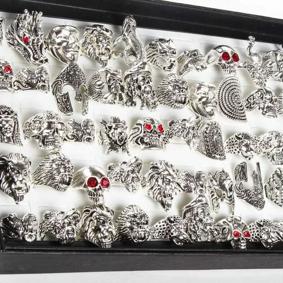 HOOUN 50pcs/Lots Punk Biker Rings Animal Retro Gothic Antique Silver Wholesale Jewelry