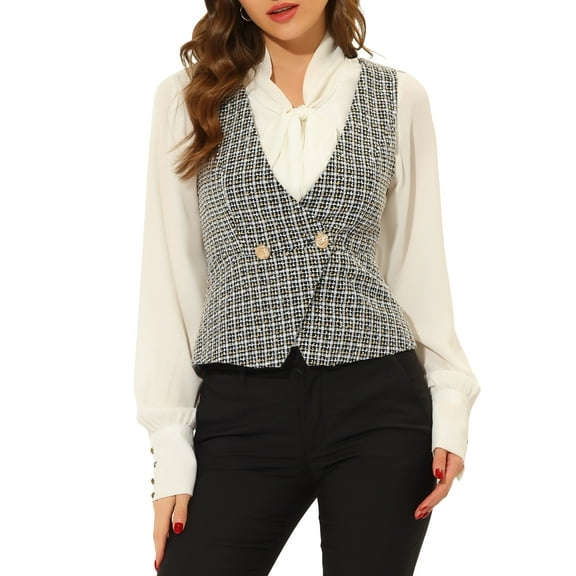 INSPIRE CHIC Women's Plaid Double Breasted Sleeveless Tweed Vest Waistcoat