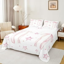 Manfei Cartoon Bow Ribbon Twin Sheet Sets,Lovely Bow Tie Twin Fitted Sheet,Gradient Pink White Stars Flat Sheet For Girl Teens,Breathable Home Decor,3 Pieces