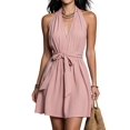 thumbnail image 2 of Women's Sleeveless Backless Mini Halter Deep Neck Tie Dress for Daily Wear Pink L, 2 of 5