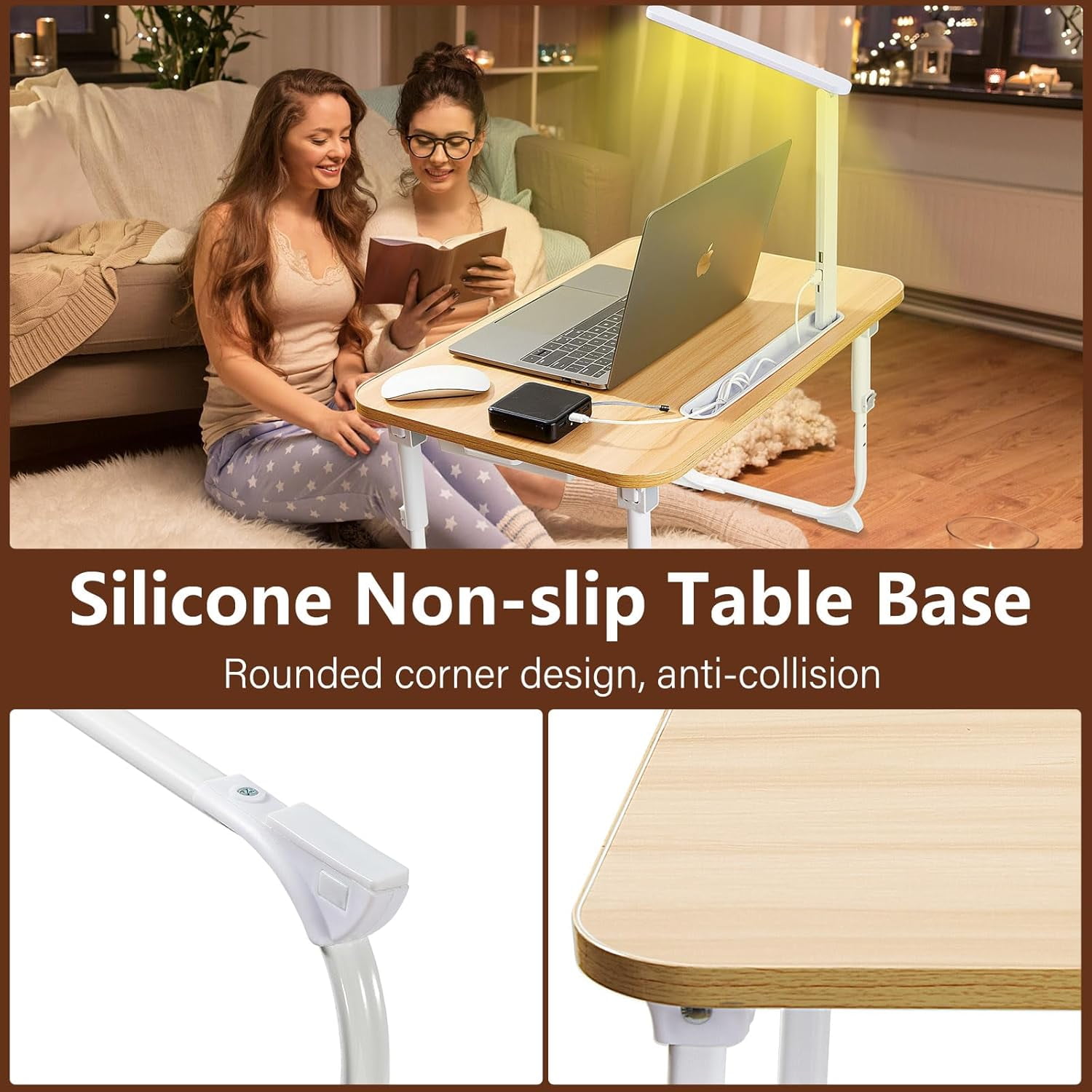 Laptop Deskfor Bed Lap Desk with LED Desk Light, Adjustable Tablet Bed Table with Foldable Legs Storage Drawer, Breakfast Serving Tray Folding Laptop Stand Reading Holder for Sofa Couch Floor (Maple)